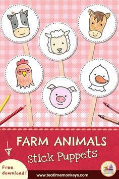 farm animals stick puppets are shown on a pink and white checkered background with pencils