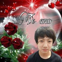 a young boy standing in front of a heart and roses with the caption c t te amo