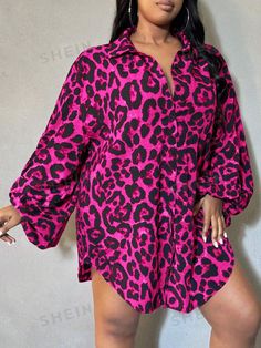 Sleeve Type:Bishop Sleeve \nNeckline:Collar \nType:Shirt \nColor:Hot Pink \nPattern Type:Textured Pattern \nSleeve Length:Long Sleeve \nLength:Long \nFit Type:Oversized \nFabric:Non-Stretch \nMaterial:Woven Fabric \nComposition:98% Polyester \nComposition:2% Elastane \nCare Instructions:Machine wash or professional dry clean \nBody:Unlined \nSheer:No \n Fabric Texture Pattern, Curved Hem Shirt, Bachelorette Party Outfit, Plus Size Fall, Mua Sắm, Casual Tank Tops, Kids Sleepwear, Lantern Sleeve, Inspiration Mode