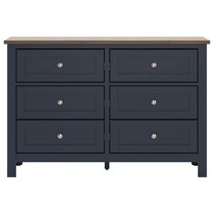 an image of a dresser with drawers on the top and bottom drawer, in dark blue