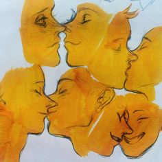 a drawing of three people kissing each other with their noses close to one another's heads