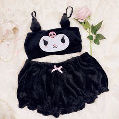 Black Plush Pajama Set With Kuromi Face. Super Cute And Comfy. New With Tags. Adjustable Spaghetti Straps Stretchy Elastic Waistband Velvet/Polyester Material Aesthetic Loungewear, Kawaii Pajamas, Kuromi Plush, Clothes Kawaii, Black Velvet Shorts, E Girl Aesthetic, Kawaii Cosplay, Kawaii Bunny, Bra Sets