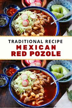 two bowls filled with mexican red pozole soup