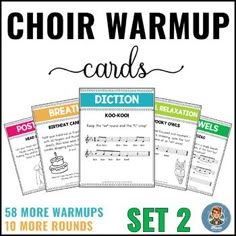 four cards with the words choir warm up on them and an image of a cake