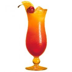 an orange and yellow drink with a cherry on top