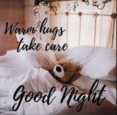 a teddy bear sitting on top of a bed with the words warm hugs take care good night