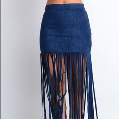 Message Size And I Will Create Order For You. Navy Blue Suede Fridge Midi Skirt. High Waisted. Great Fit! Hugs The Body. Side Zipper. Pair With Bralette Or Bodysuit. Fitted Blue Bottoms With Fringe, Blue Midi Skirt For Night Out, Spring Blue Fringe Skirt, Blue Fridge, Women Skirts Midi, Blue Suede, Side Zipper, Bralette, Midi Skirt