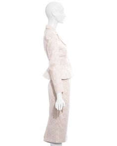 For Sale on 1stDibs - John Galliano white broderie anglaise cotton skirt suit comprising: fitted blazer jacket with hidden front button fastenings, notched lapel and accentuated Elegant Spring Daywear Sets, Elegant Daywear Sets For Spring, Classic White Skirt Suit For Spring, White Classic Skirt Suit For Spring, White Tailored Skirt Suit For Formal Occasions, Tailored White Skirt Suit For Wedding, Elegant Fitted Blazer For Daywear, Fitted Blazer For Spring Daywear, Fitted Spring Blazer For Daywear