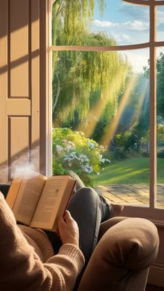 a person sitting on a couch reading a book in front of a window with sunlight streaming through it