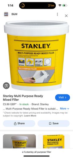 a bucket of stanley multi purpose ready mixed filler on the app store's website