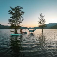 two people sitting in hammocks on the water with trees around them and one person holding a rope