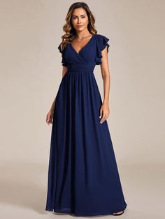 Back Cutout A-Line Pleated Ruffles Sleeve Chiffon Bridesmaid Dress #color_Navy Blue Bridesmaid Gown Chiffon, Ruffles Sleeves, Navy Blue Bridesmaid Dresses, Beautiful Bridesmaid Dresses, Navy Bridesmaid Dresses, Plus Size Bridesmaid, Burgundy Bridesmaid Dresses, Ever Pretty, Cutout Design