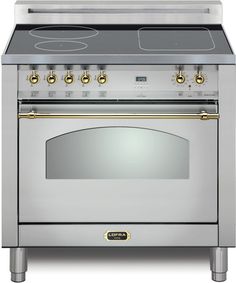 a silver oven with two burners and gold trimmings on the front door