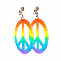 Rainbow Peace Earrings are the perfect accessory to complete your dress up costumes. With a 3" diameter piece, they will look cute for kids or adults. They work will with round glasses and can be used for a kid who dresses up all the time. They look cool with Hippie outfits like a tie dye shirt, peace necklace, bandana, etc. Trendy Festival Earrings, Trendy Round Earrings For Festivals, Fun Plastic Jewelry For Party, Trendy Clip-on Hoop Earrings, Fun Plastic Party Jewelry, Playful Multicolor Plastic Earrings, Adjustable Round Fun Earrings, Novelty Multicolor Summer Earrings, Multicolor Novelty Earrings For Summer