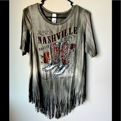 New With Tags - Bought In Opryland. Nashville Shirts, Cut Sweatshirt Diy, Beaded Fringe Shirt, Hippie Fringe Shirt, Fringe Flannel Shirt, Vintage Distressed T-shirt For Music Festival, Trendy Fringe Short Sleeve T-shirt, Spring Fringe Cotton T-shirt, Ripped Tee