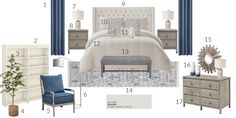 a bedroom with blue and white decor including a bed, dresser, chair, mirror, table