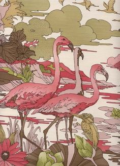 two pink flamingos are standing in the water surrounded by lily pads and daisies