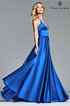 Faviana S10252 Long V-neck satin ballgown with empire seam, lace-up back for adjustable fit and side pockets. A Line Dress Prom, Satin Ballgown, Pageant Interview, Faviana Dresses, Allure Couture, A Line Prom Dress, Sherri Hill Prom Dresses, Sherri Hill Dresses, Allure Bridal