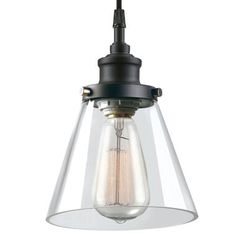 an image of a light fixture with glass shades on the bottom and one light bulb hanging from