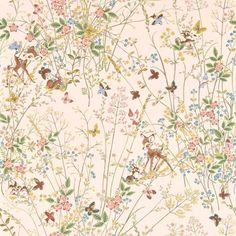 a floral wallpaper with deers and flowers on the side in pastel colors