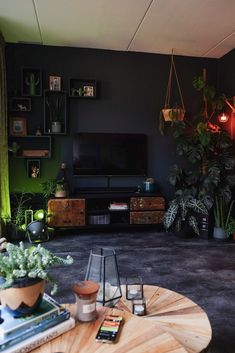 a living room filled with furniture and lots of plants on top of a wooden table