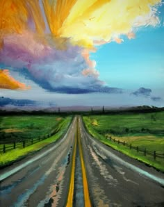 an oil painting of a road in the middle of a green field with yellow and blue clouds