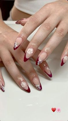 Red French With Flowers Nails, Hibiscus Flower Nails Red French Tip, Nails Flower Tips, Red French Tip Hibiscus Nails, Red And White Hibiscus Nails, Burgundy Nails Summer, Red With White French Tip Nails, Red Flower French Tip Nails, Red French Tip Summer Nails