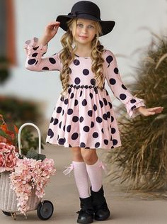 Little Girls Fall Polka Dot A-Line Ruffled Dress - Mia Belle Girls Cute Polka Dot Dress With Ruffles, Polka Dot Long Sleeve Dress With Ruffles, Fall School, Matching Costumes, Valentine Dress, Ruffled Dress, Lightweight Dress, Girls Boutique, School Photos