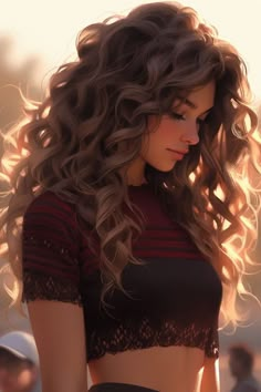 a woman with long curly hair standing in front of the sun wearing a crop top