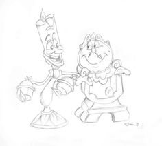 a pencil drawing of two cartoon characters with one holding a candle and the other pointing at something