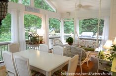 a screened porch with chairs and tables on it