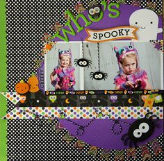 a halloween scrapbook page with an image of a baby in a costume and two spooky faces