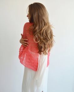 Hello, I'm the one, who won't let you down - coral silk mohair shawl. I will comfort you, keep you warm and will make you smile. I'm 100% hand made and proud of that. I consist of 70% italian kid mohair and 30% of silk, which makes me incredibly natural. I'm quite unique as could be worn all year long. I'm in one size and one size fits all because my measurements are : ❤️ Width -65 cm ❤️ Lengths -90 cm If you would like me in other size, you could request a custom order with your own parameters, Hand Knitted Shawl Wrap, One Size Open Knit Shawl, Mohair Shawl, Wedding Bolero, Bohemian Sweater, Shawl Wedding, Evening Shawls, Wedding Shrug, Bridal Cover Up