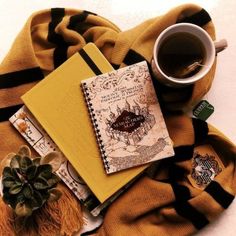 a harry potter themed notebook and coffee on a yellow blanket with a green plant next to it