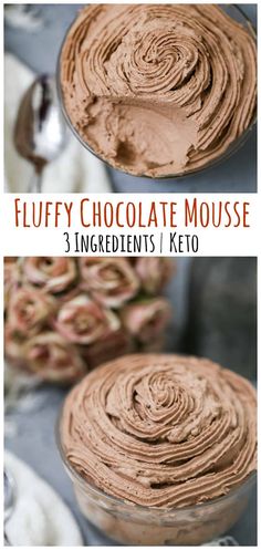 chocolate mousse in a glass bowl with the words, fluffy chocolate mousse ingredients