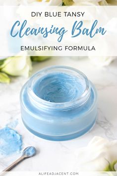 DIY Emulsifying Cleansing Balm. This natural DIY cleansing balm recipe is a treat for your skin. It contains an emulsifier to effortlessly remove makeup, while blue tansy essential oil soothes the senses and helps calm sensitive skin. You’ll love the silky texture of this homemade makeup remover. It’s inexpensive and easy to make in your kitchen, saving you money on expensive brand name cleansing balms! #alifeadjacent Diy Makeup Remover Balm, Cleansing Balm For Oily Skin, Diy Makeup Cleansing Balm, Diy Cleansing Balm, Cleansing Balm Recipe, Makeup Remover Cleansing Balm, Cleansing Bars, Homemade Makeup Remover, Blue Tansy Essential Oil