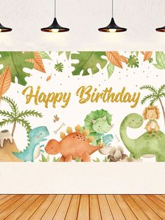 a happy birthday card with dinosaurs and jungle leaves on the wall in an empty room