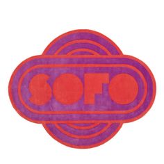 an orange and purple rug with the word oof on it's center circle