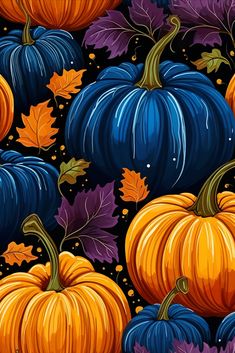 a painting of pumpkins and leaves on a black background with orange, purple, and blue colors