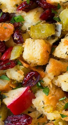 close up view of stuffing with cranberries and brussel sprouts