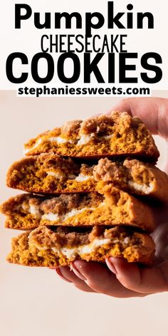 pumpkin cheesecake cookies stacked on top of each other