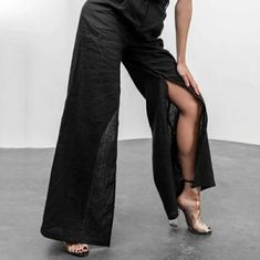 Brand New Never Worn Linen Wide Leg Pants. Side Slits With Button Closer. High Wasted. Black Linen Pant, Wide Legs Pants, Urban People, Linen Pant, Cyberpunk Fashion, Clothing Details, Wide Leg Linen Pants, Linen Style, High Waist Bottoms