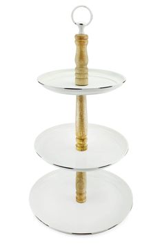 three tiered cake stand with two plates on each side and a wooden handle at the top