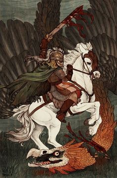 a man riding on the back of a white horse next to a dragon and bird