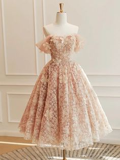 Off Shoulder Pink Lace Prom Dresses, Pink Lace Homecoming Dresses, Short Pink Formal Graduation Evening Dresses Unrealistic Dresses, Dresses Short Pink, Doctorate Graduation, Prom Dresses Pink, Lace Prom Dresses, Winter Formal Dresses, Frock For Women, Princesa Disney, Tea Length Wedding Dress