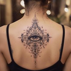 the back of a woman's neck with an all seeing eye tattoo