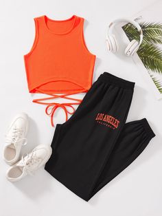 Multicolor Casual Collar Sleeveless  Colorblock,Letter  Embellished Slight Stretch  Women Clothing Mode Indie, Tie Back Tank Top, Cute Lazy Outfits, Quick Outfits, Cute Comfy Outfits