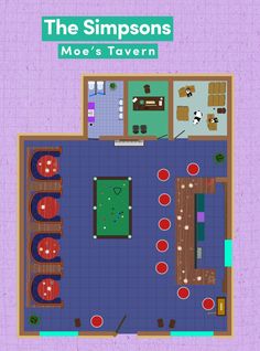 the simpsons's tavern floor plan is shown in blue and purple colors, with an overhead