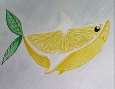 a drawing of a lemon with leaves on it