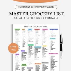 a printable grocery list with the words master grocery list and shopping list on it